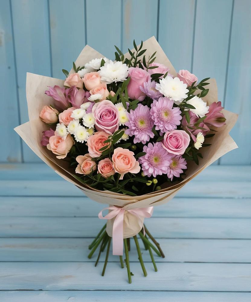 Букет цветов из: Хризантемы, Розы и Альстромерии в Золотарёвке