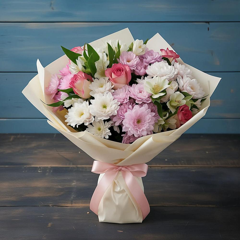 Букет цветов из: Хризантемы, Альстромерии и Розы в Золотарёвке